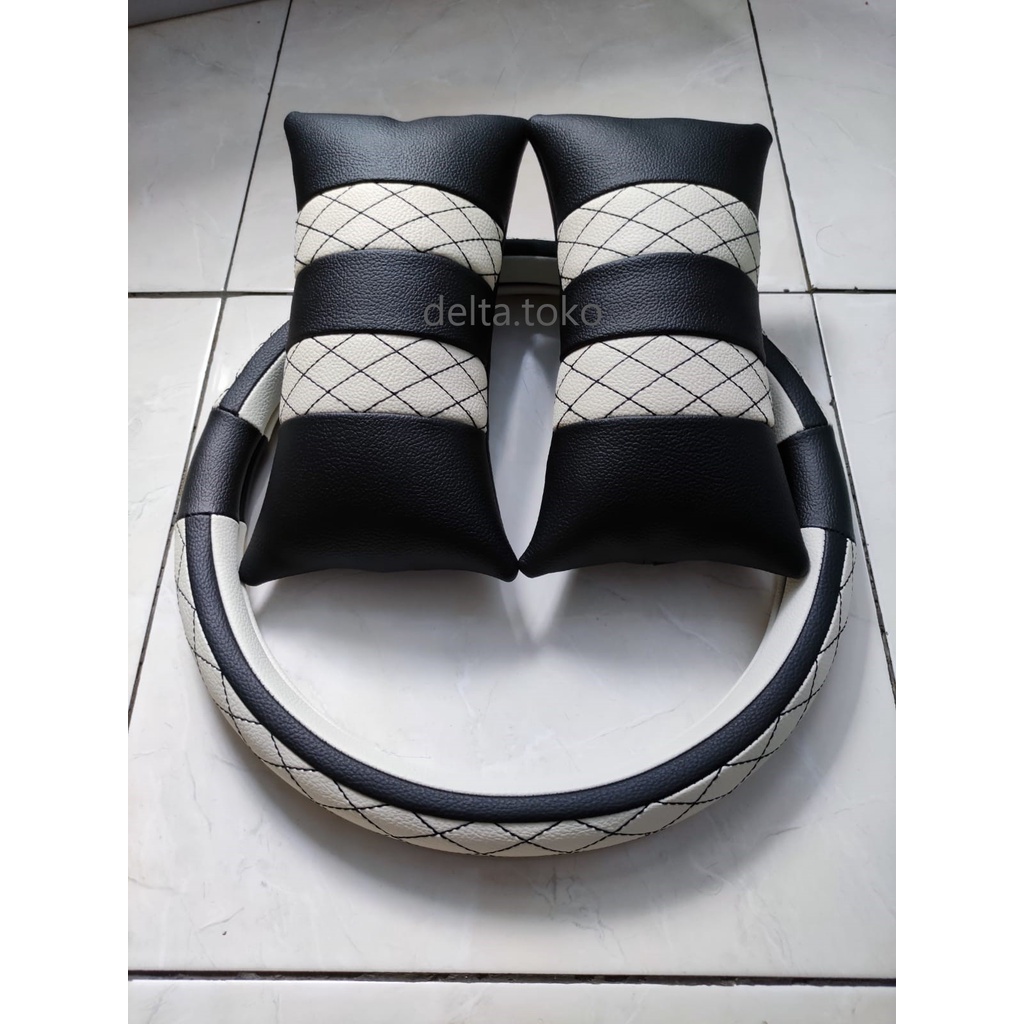 2in1 Bantal Mobil 2pcs + Sarung Stir 1pc Bordir Bahan Kulit