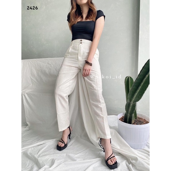 Celana Highwaist / Celana panjang wanita katun linen / celana wide leg hitam putih / celana tinggi