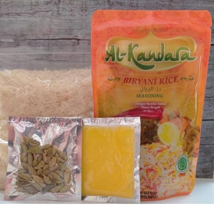 

Terbaik! Paket Nasi Kebuli Briyani Mandhi Bukhori Kabsah instant Alkandara komplit Dengan beras basmati 1kg