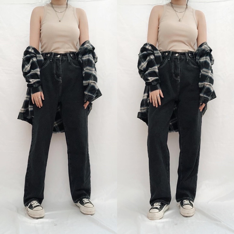 CLOTHIER - Casey Adjustable Jeans | Black Washed Cream Beige Straight Denim