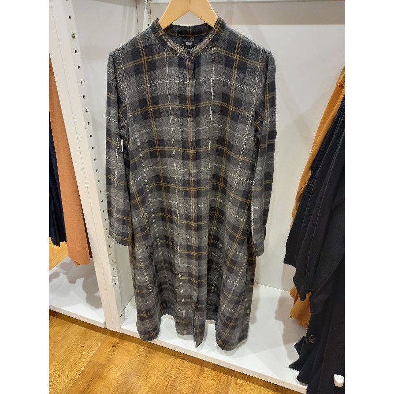 UNIQLO ORI Maxi Dress Flanel Lengan Panjang Katun FLANEL Linen GARANSI TERMURAH