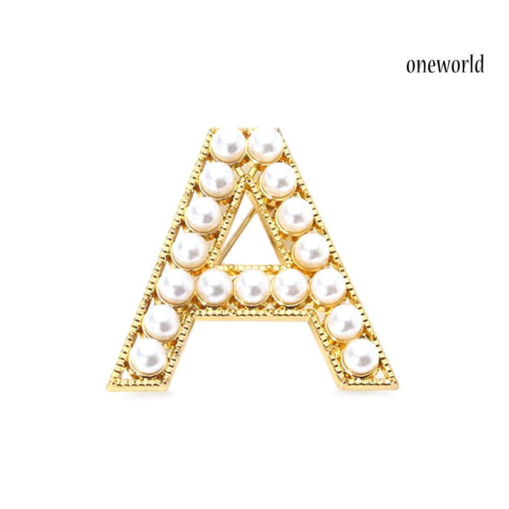 OW@ Elegant Women Faux Pearl Beaded Uppercase Letter Brooch Pin Suit Lapel Badge