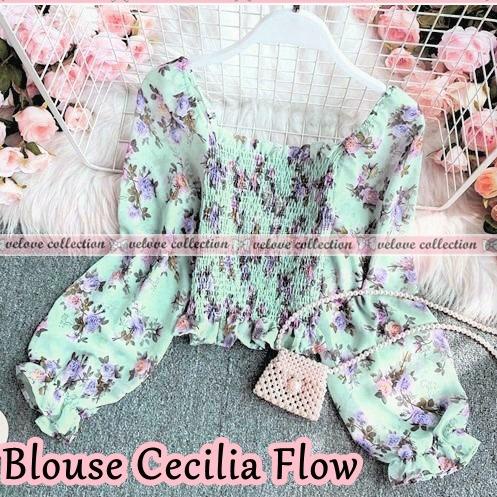 ↖ KALANTHA FASHION Blouse Serut Karet Sabrina Lengan Panjang Motif Bunga Bahan Sifon Casual ⇸