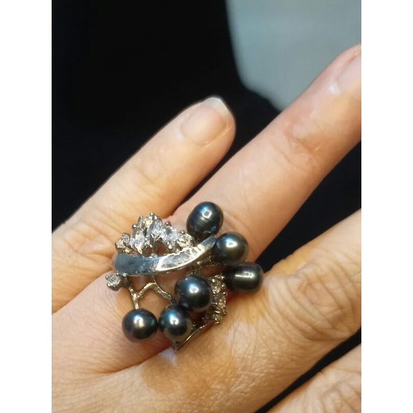 Cincin mutiara bulat hitam 6 batu
