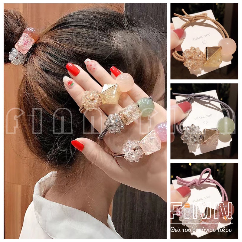 Ikat Karet Rambut Elastis Untuk Wanita Aksen Manik-Manik Kristal Persegi Import