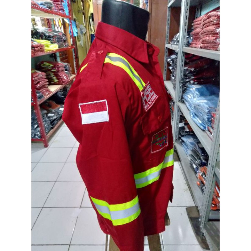 SERAGAM SAFETY HSE FULL LOGO DEPAN DAN PUNGGUNG KANCING MERAH KAIN DRILL ADEM TEBAL