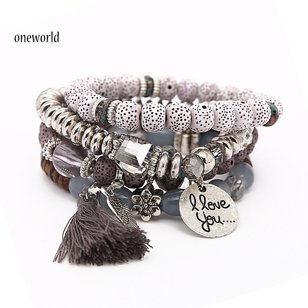 Oneworld Gelang Manikmanik Batu Alam Multilayer Aksen Rumbai Gaya Bohemian Untuk Wanita