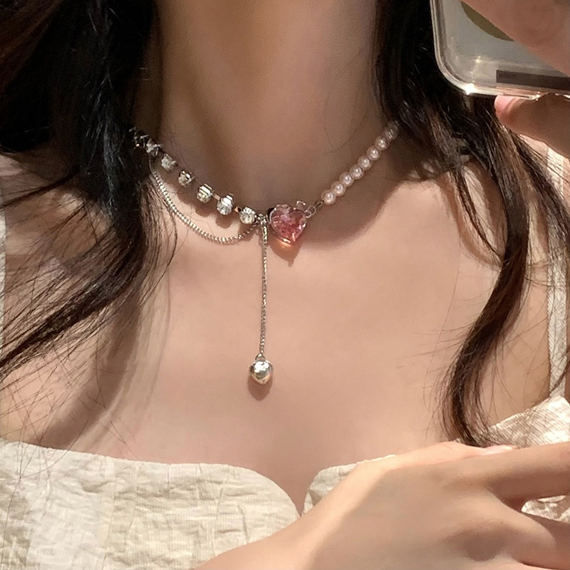 Coco Kalung Rantai Gaya Korea Liontin Hati Aksen Mutiarakristal Pink Untuk Perhiasan Wanita