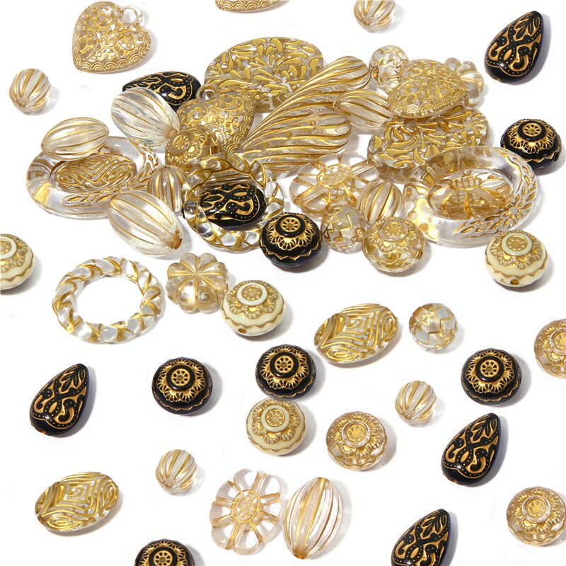 15-50pcs / Lot Manik-Manik Bentuk Bulat Oval Hati Bunga Bahan Akrilik Warna Emas Untuk Membuat Perhiasan Diy