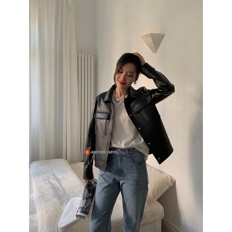 JNK x ELMA - Jaket Kulit Casual Pria Wanita Leather Jacket Synthetic Reguler Premium Trendy Cewek Cowok Perempuan Laki Laki OOTD Viral Korean Style Musim Semi Musim Gugur Mantel Pakaian Ramping Pengendara Sepeda Korea Dual Pocket Oversize Kekinian Modern