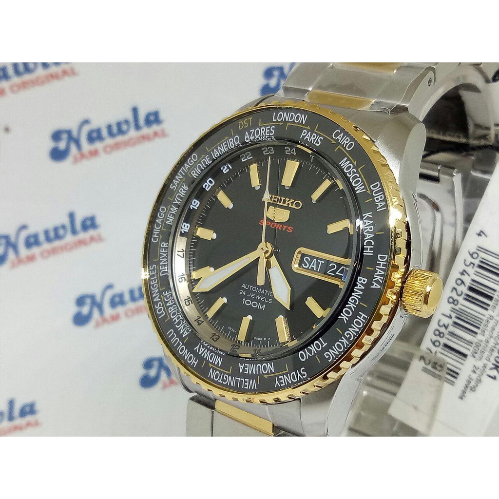 Seiko 5 Sports SRP130K1 Dual Tone World Time - Jam Tangan Pria SRP130