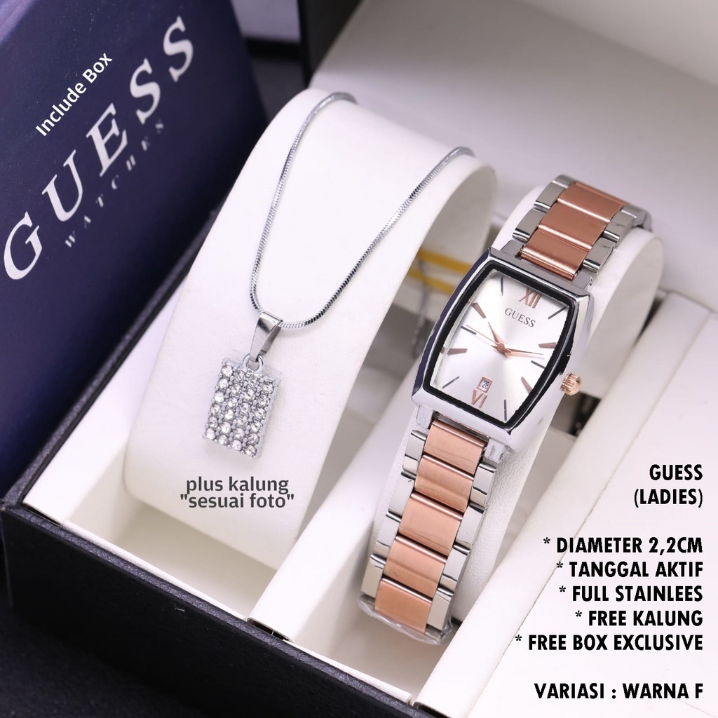 (FREE BOX) JAM TANGAN WANITA GUESS RANTAI BODY OVAL TANGGAL AKTIF FREE KALUNG