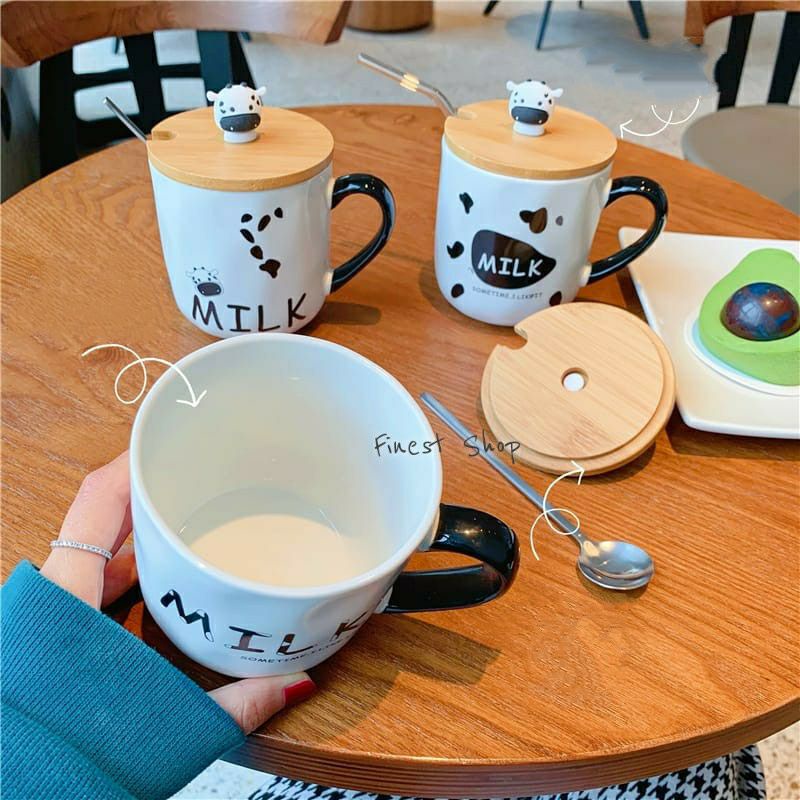 NEW! Mug Keramik Tutup + Sendok Cangkir Sapi Panda Kelinci Macarons Lebah Bear Gelas Bee Yellow IMPORT Porcelain Mug Aesthetic Gift Ceramic Wood Cover Glass Honey Cow Milk Tea White Cup Coffee Kado Hadiah Ultah Birthday Tempat Minum Madu Spoon Stainless