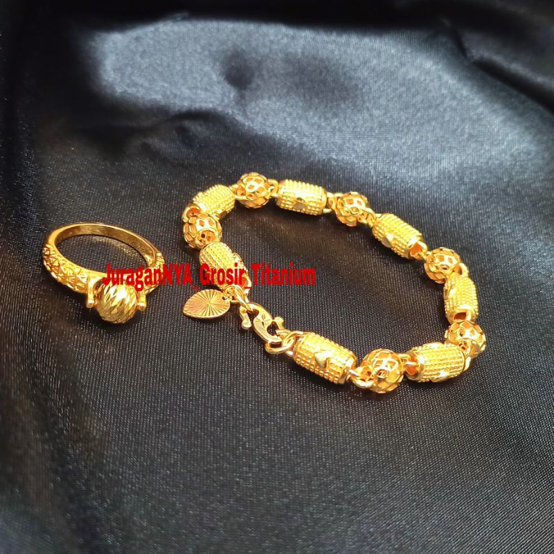 TITANIUM GELANG BAMBU BOLA LOVE ULIR + CINCIN ANTI KARAT LAPIS EMAS 23K