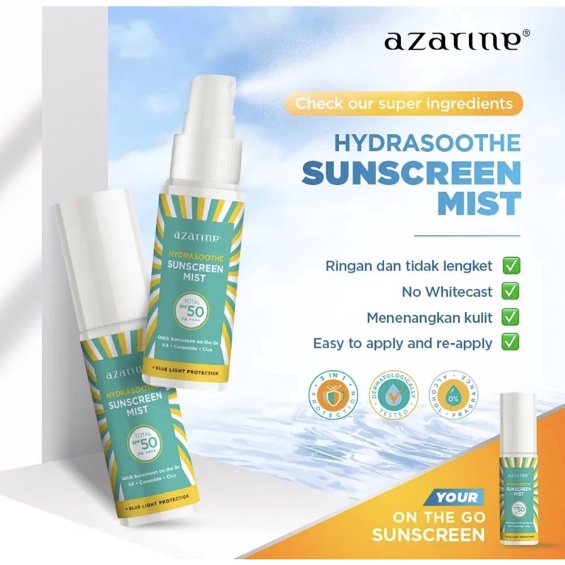 Sunscreen Azarine All Semua Varian - Hydrasoothe Gel SPF45 / City Defense Aqua Essence Serum SPF50 / Mist Sunscreen / Hydramax C Sunscreen / Tone Up - BPOM Tabir Surya Wajah - Orange Hijau Biru Suncreen Sunscren Suncren Sunblock Sunblok Sun creen Sun blok