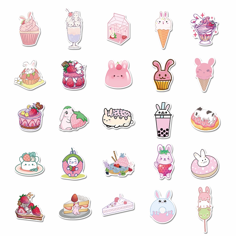 50pcs cute dessert bunny cartoon stickers cute hand account stickers laptop water cup decoration waterproof stickers