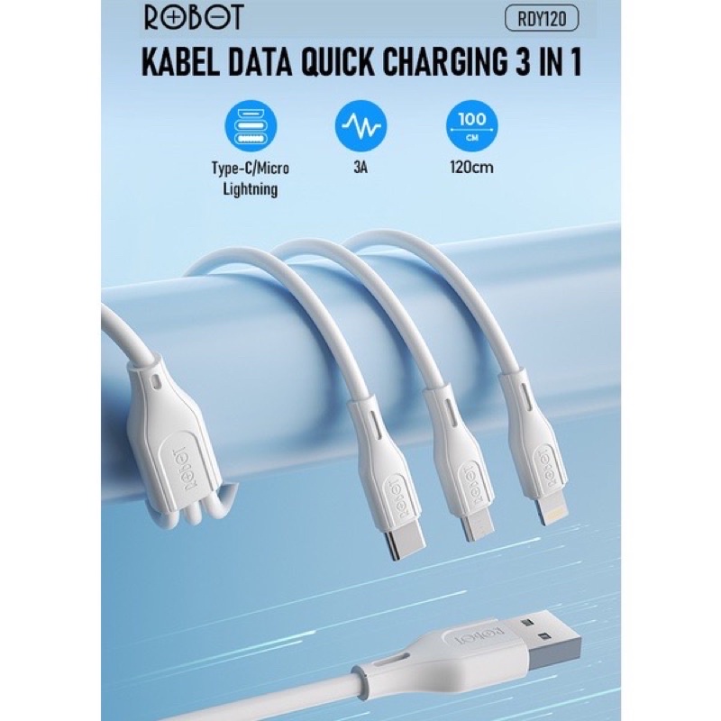 Original Robot 3in1 Kabel Data Micro/ Type C/ Lightning/ 120Cm Quick Charging 3A