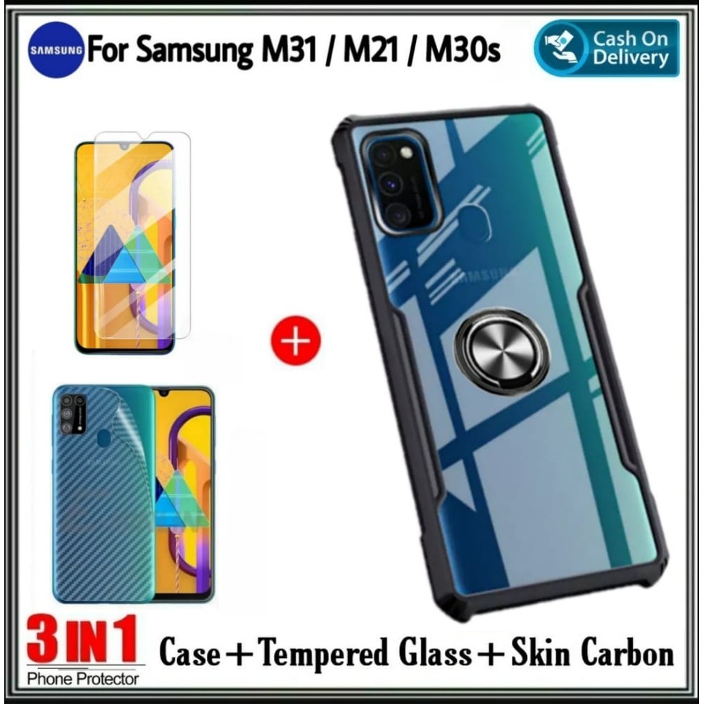 PAKET 3IN1 Case Samsung M21 M31 M30s Hard Soft Fusion Armor Shockprooft TPU HD Trasnparan Acrylic Casing HP Cover Dan Tempered Glass + Garskin Carbon + Ring DI ROMAN ACC