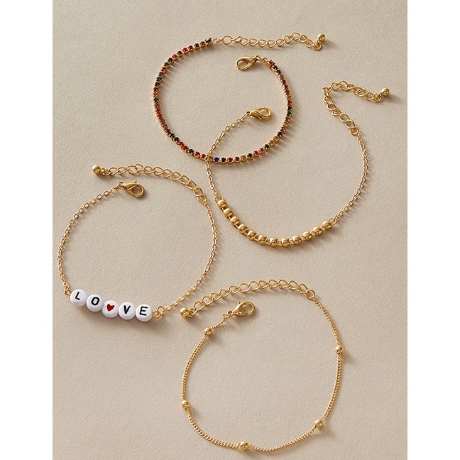 LRC Gelang Tangan Fashion Gold Color Coloren Multilayer Beaded Bracelet With Diamond Letters P08710