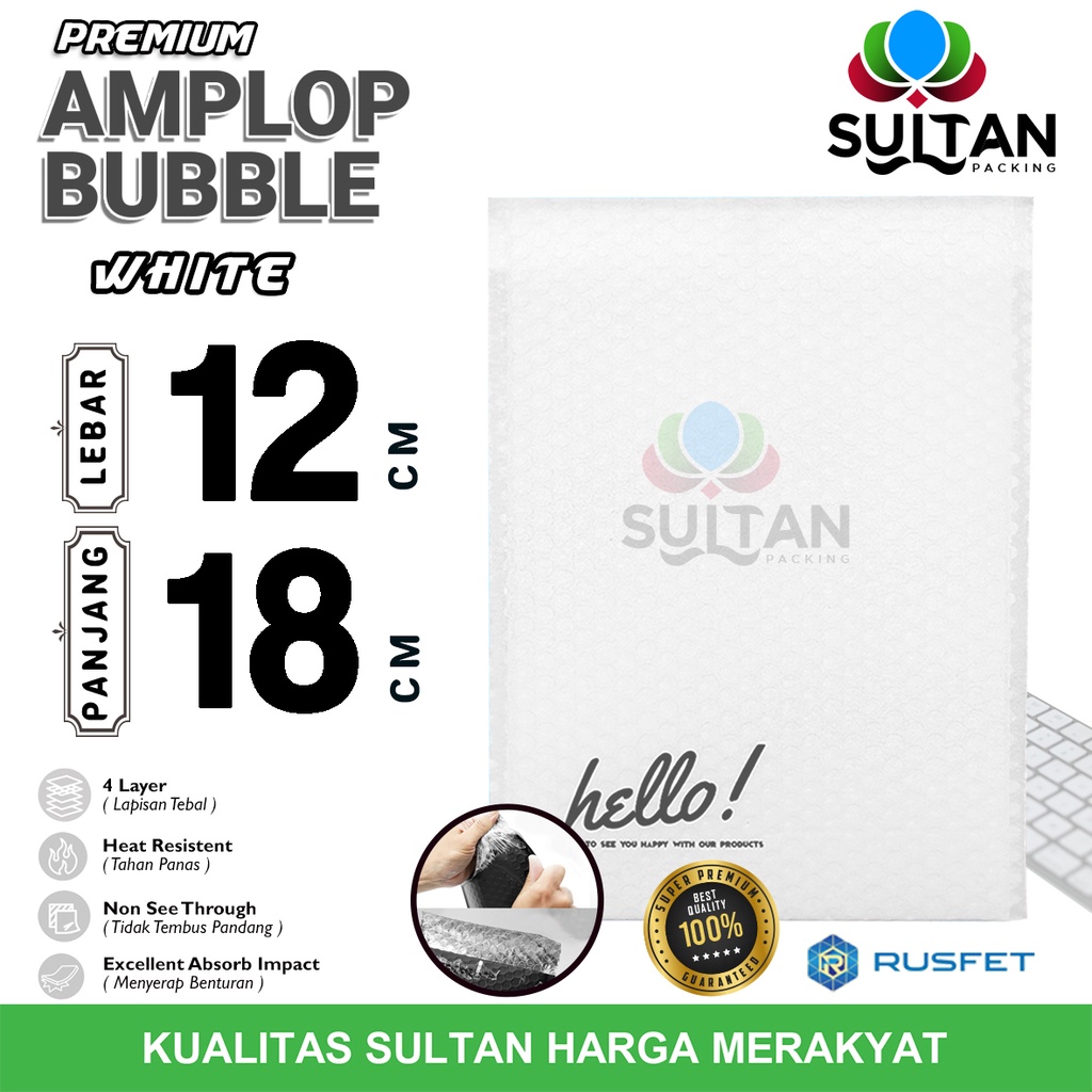 AMPLOP BUBBLE MAILER 12x18cm WHITE WRAP ENVELOPE RUSFET SATUAN PUTIH