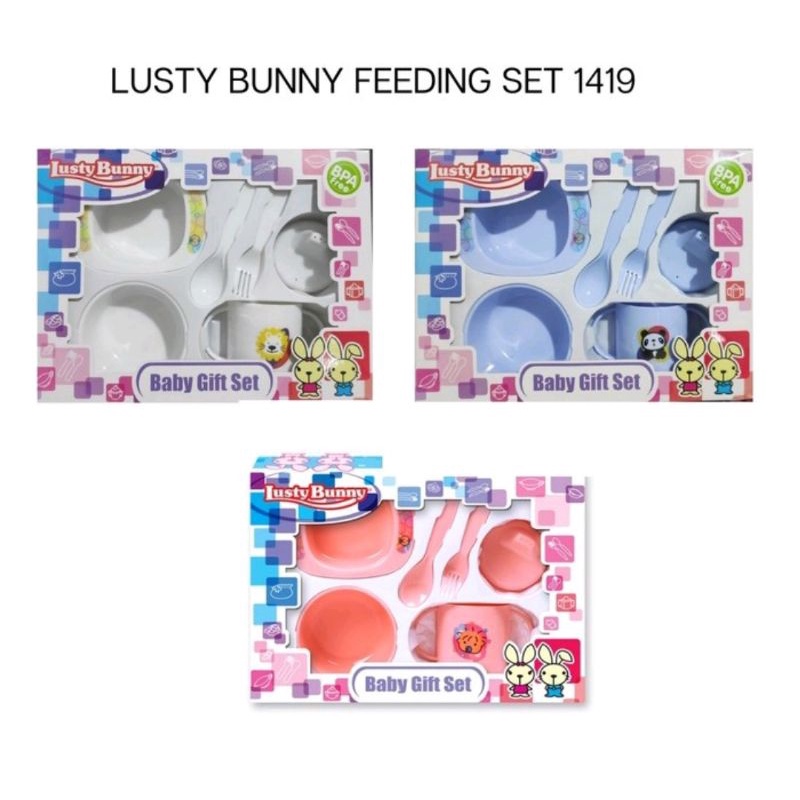 Feeding Set Lusty Bunny 6 in 1 Piring Gelas Sendok Garpu Bayi Lustybunny