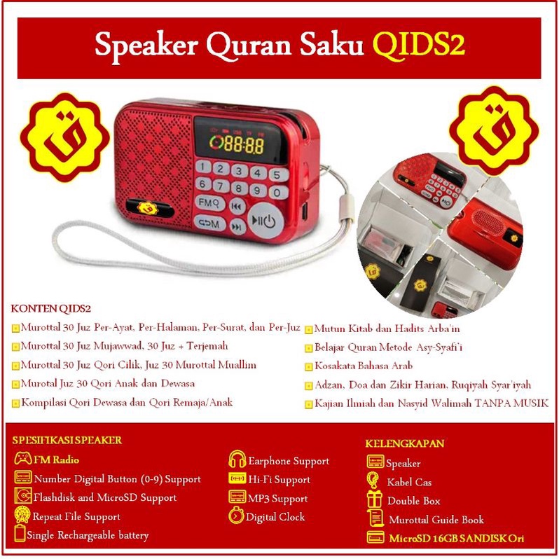 Speaker Quran QIDS, Speaker Hafalan, MicroSD 16GB, Buku Panduan QIDS
