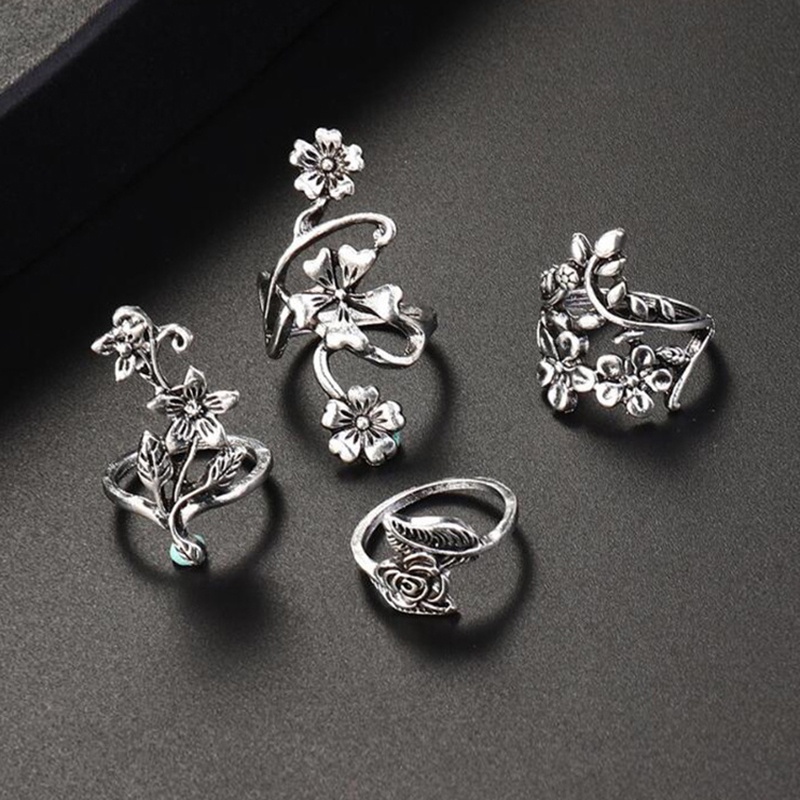 Hbid 4pcs / Set Cincin Silver Antik Vintage Bohemia Desain Bunga Mawar Untuk Wanita