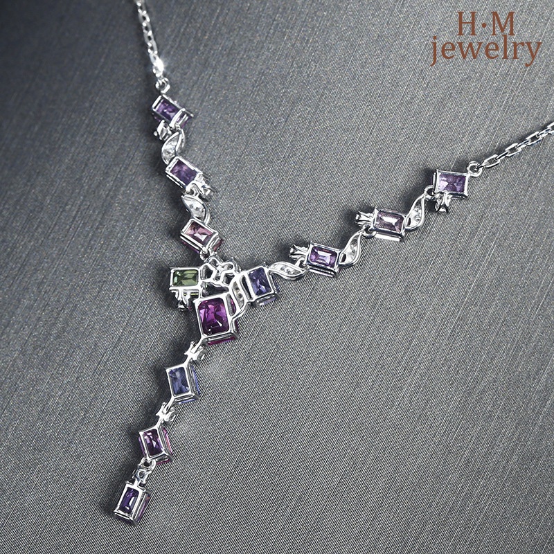 Set Kalung Rantai Dengan Liontin Batu Sapphire Warna Ungupink Untuk Wanita