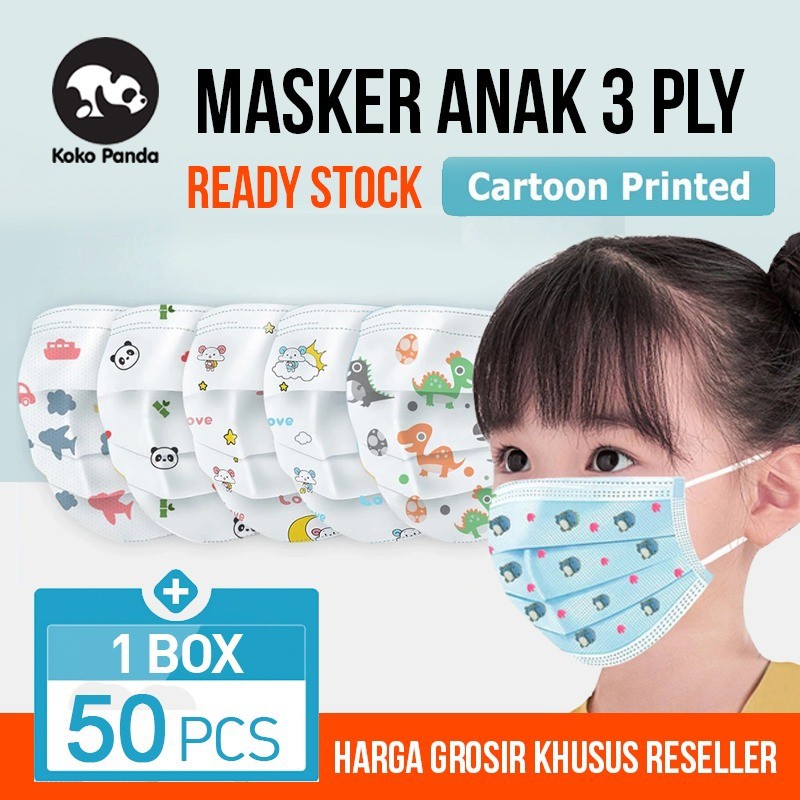 Trend-Masker Anak 3PLY ISI 50PCS Karakter Face Mask Motif Cewek Cowok 50 pcs Warna Lucu Kids