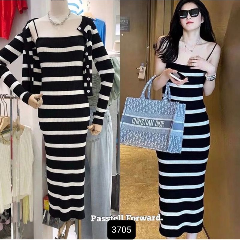 2 in 1 dress rajut stripe salur import