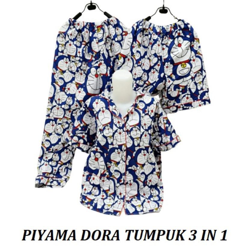 SEASOND IND 3in1 Piyama/Baju Tidur Wanita Dewasa Hello Kitty/L Fit to XL-Dora Tumpuk