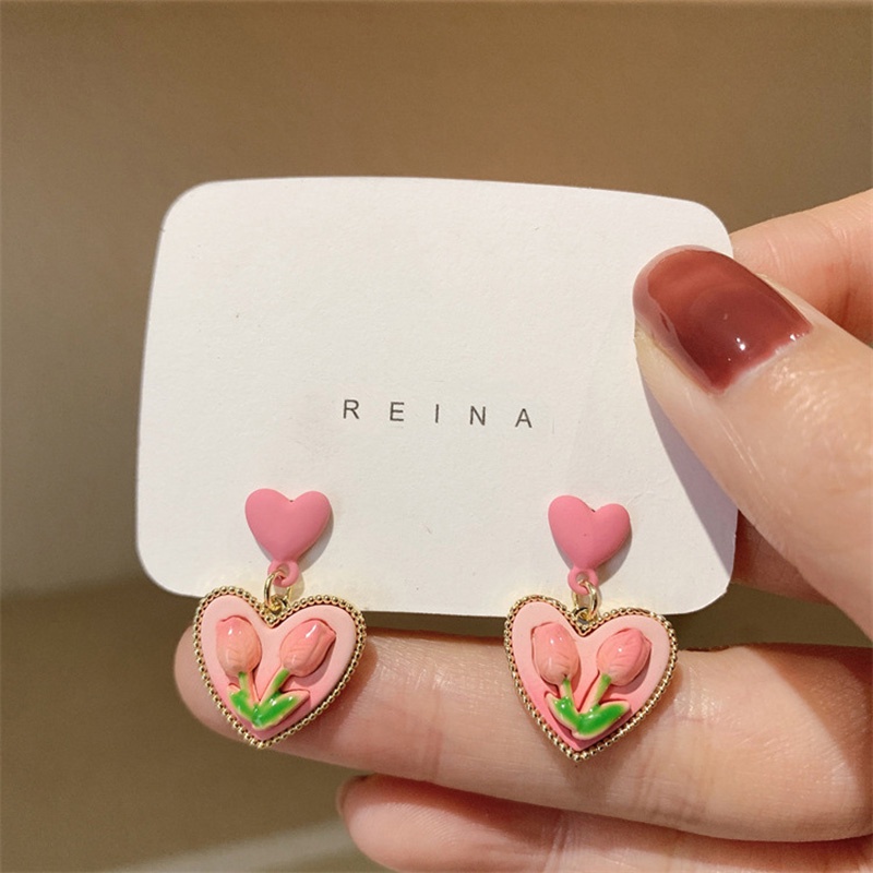 Anting Tusuk Motif Bunga Tulip Warna Pink Untuk Wanita