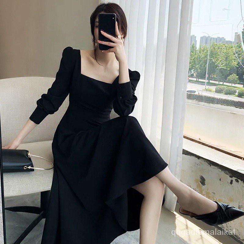 Rok Hitam Rok Vintage Panjang U Neck Party Dress Lengan Panjang Korean Dress