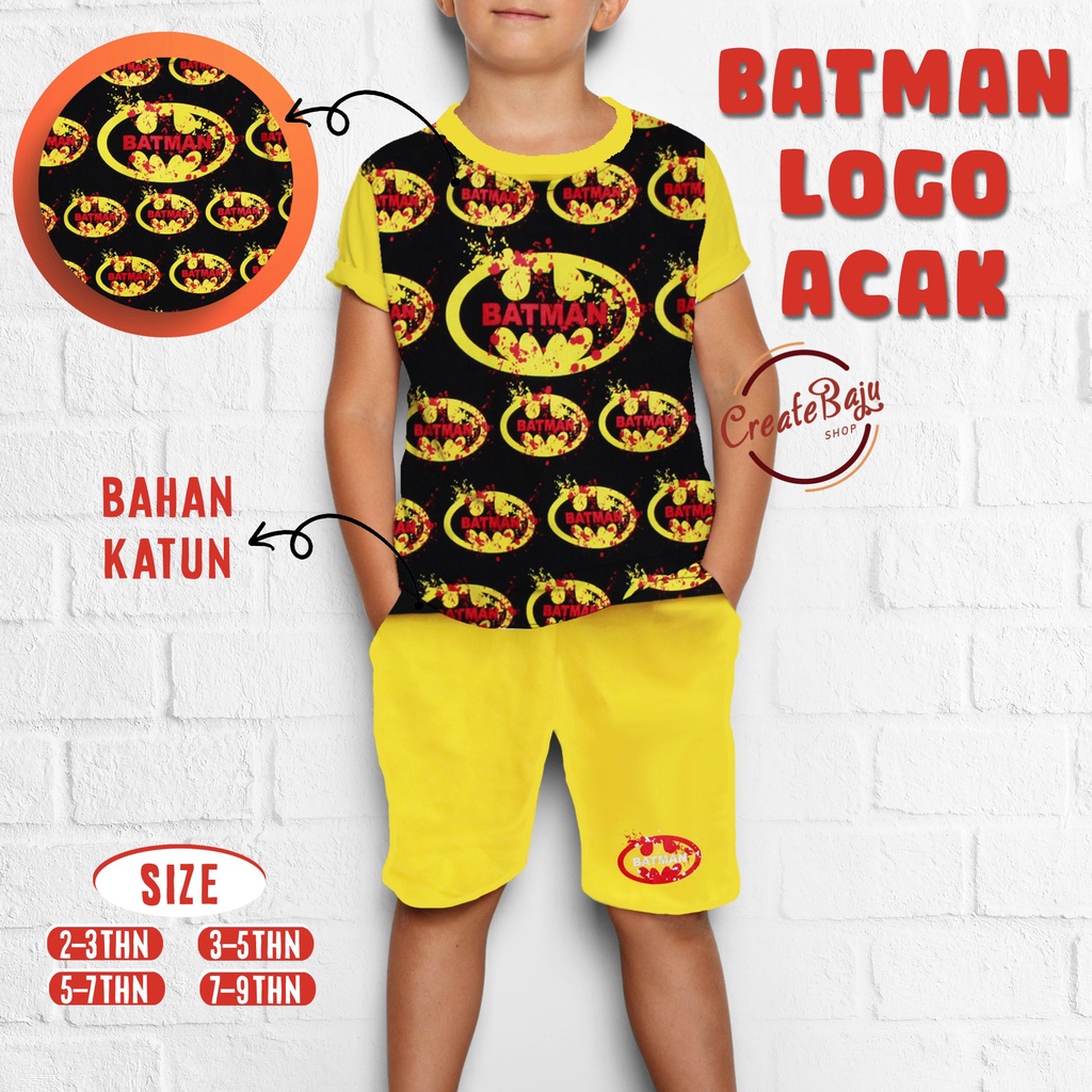 Setelan Anak Laki-Laki Hayami 2-7 Thn Motif Batman Baju Anak Laki Lengan Pendek Bahan Katun