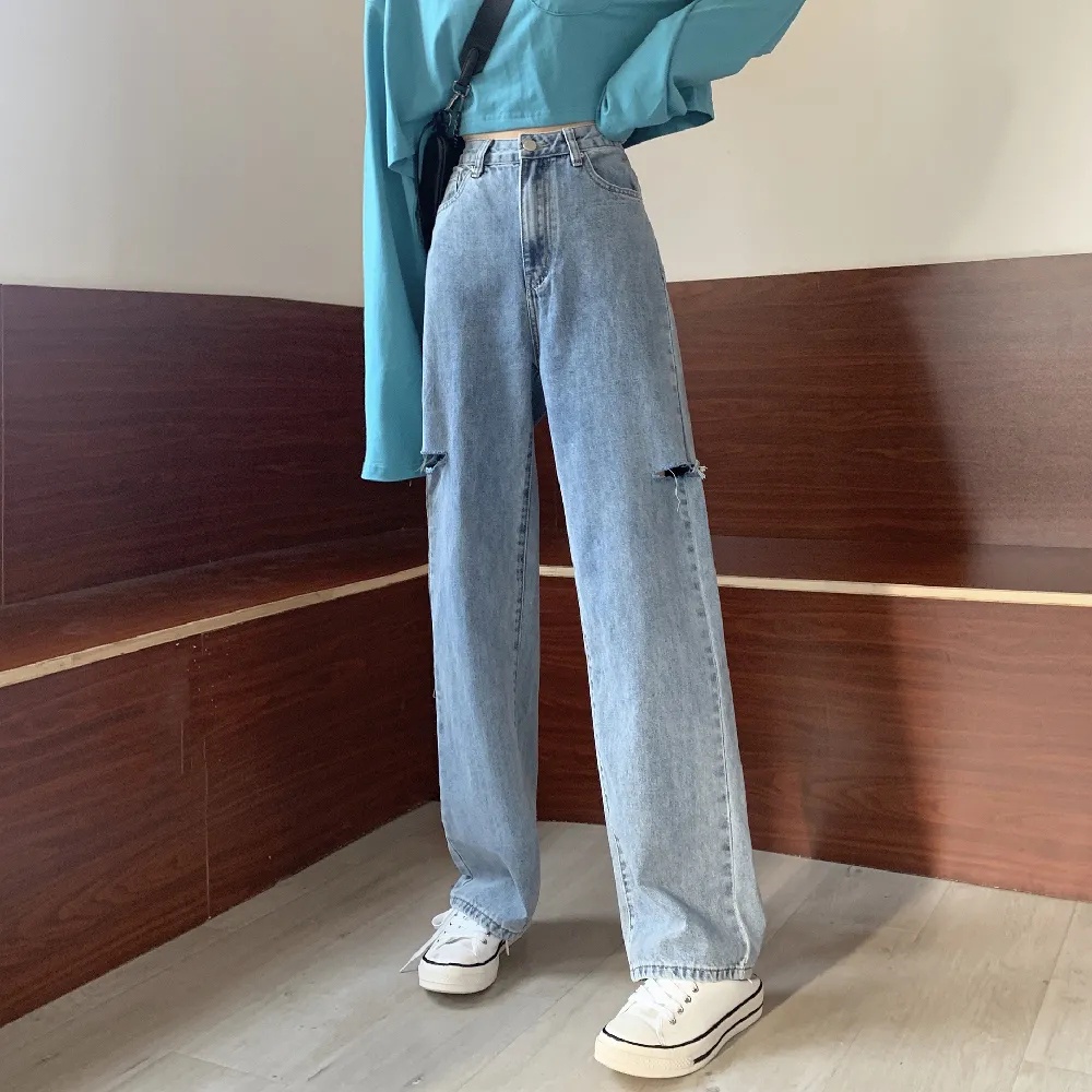 Ukuran Jumbo korean style new lubang biru muda kekinian high waist celana jeans panjang wanita