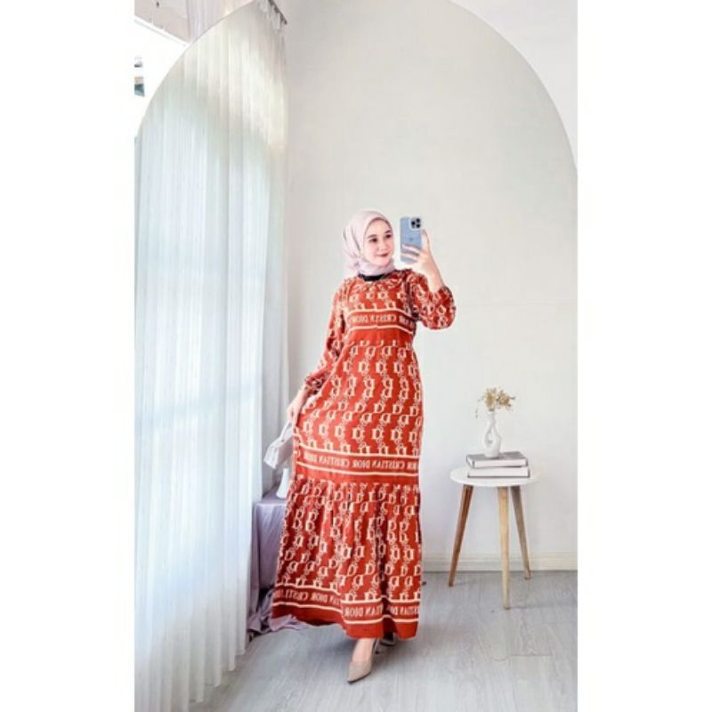 DIOR - Midi Dress Motif Dior Bahan Rayon Premium Terbaru Gamis Andin