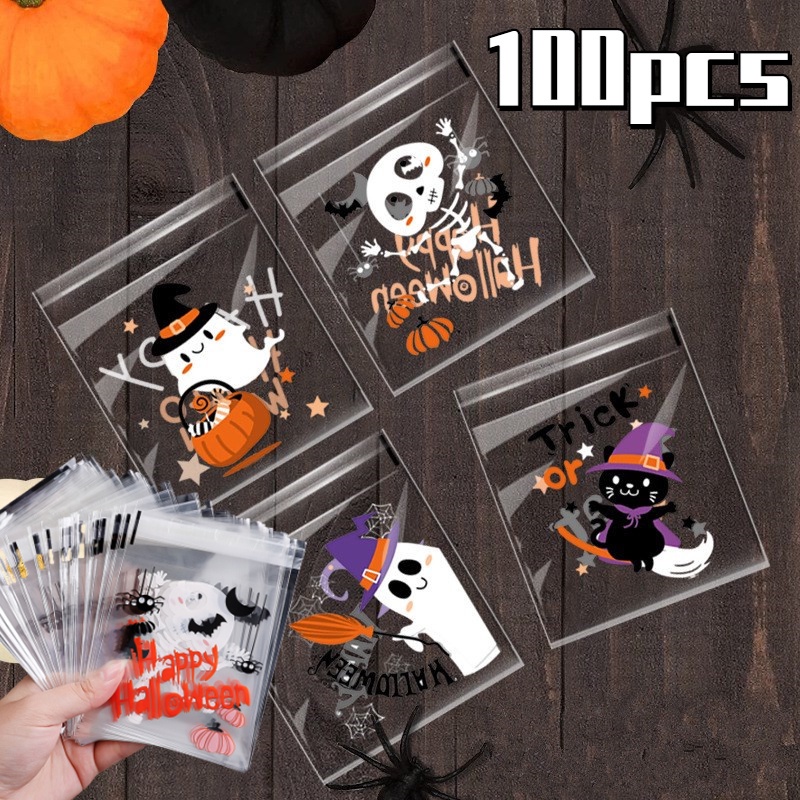 100 Pcs Kantong Kemasan Biskuit / Permen / Anting / Cincin / Snack Motif Print Kucing Untuk Dekorasi Natal / Ulang Tahun