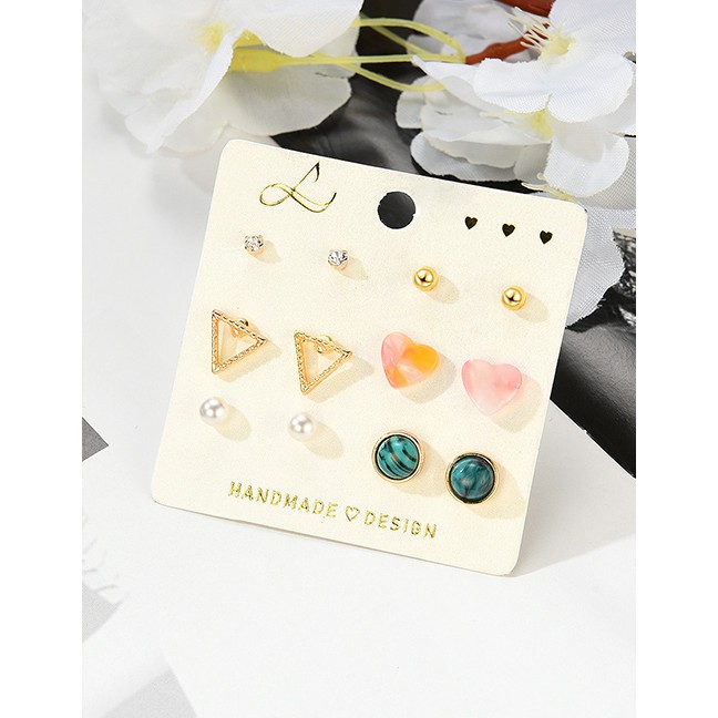 LRC Anting Set Fashion Gold Triangle Love Diamond Stud Earrings 6 Pairs F29776