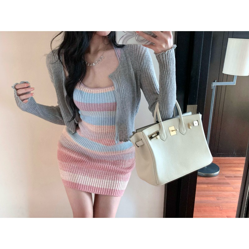 Suhao rainbow striped rajutan halterneck suspender dress wanita musim panas tanpa lengan manis babes