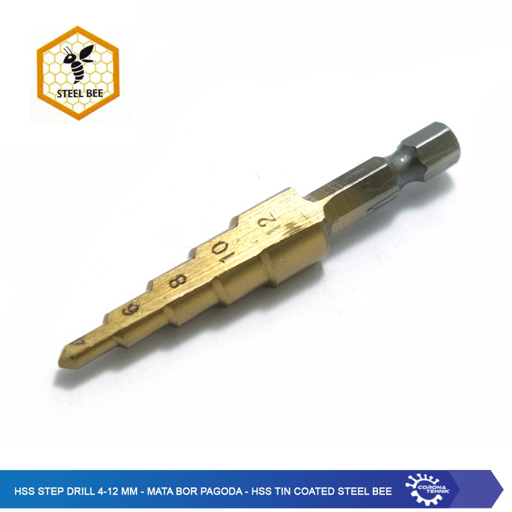 HSS Step Drill 4-12 mm - Mata Bor Pagoda - HSS Tin Coated Steel Bee