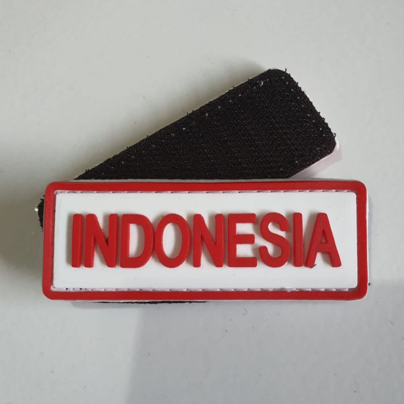 patch rubber logo tulisan indonesia dasar putih kecil/tempelan emblem  karet velcro