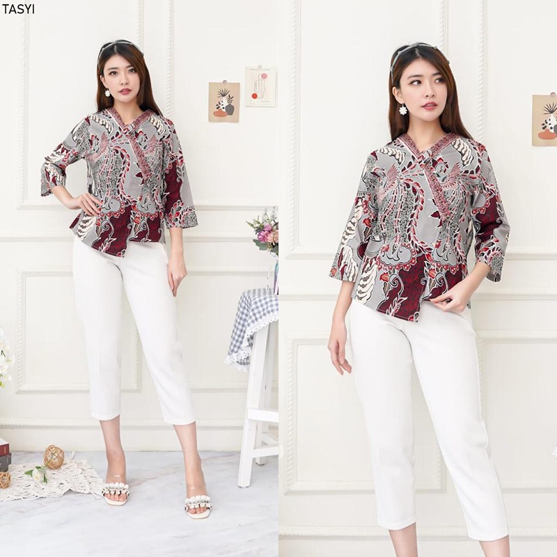 Evercloth Tasyi Atasan Batik Lengan Panjang Wanita Model Kimono Blouse Batik Perempuan Baju Batik Cewek Katun Stretch Premium Batik Couple Family Set Abu Grey Silver