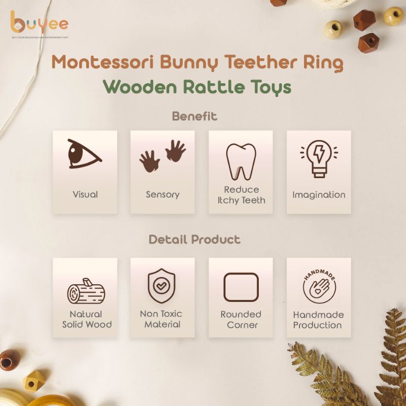 Bunny Ear Wooden Teether Rattle Toys Buyee Gift | Mainan Kayu Bayi