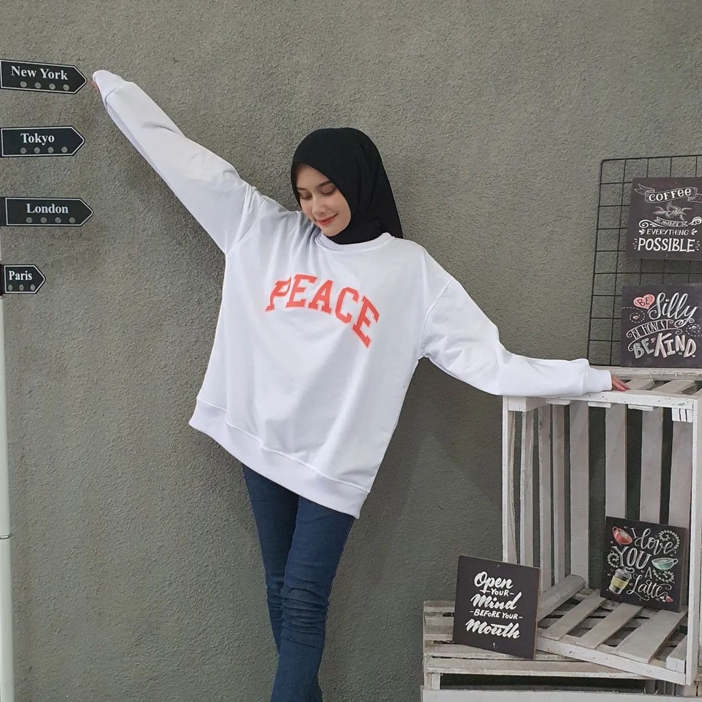 PEACE Sweater Switer Crewneck Oversize Pakaian Pria Wanita Fashion Terkini