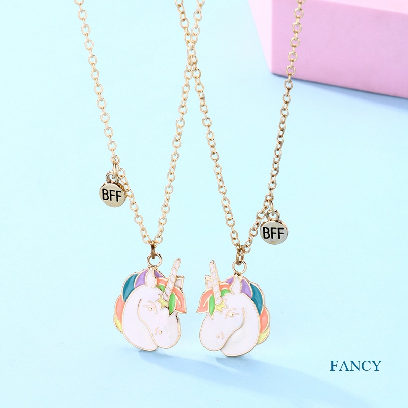 2pcs / Set Kalung Rantai Liontin Unicorn Lucu Untuk Wanita