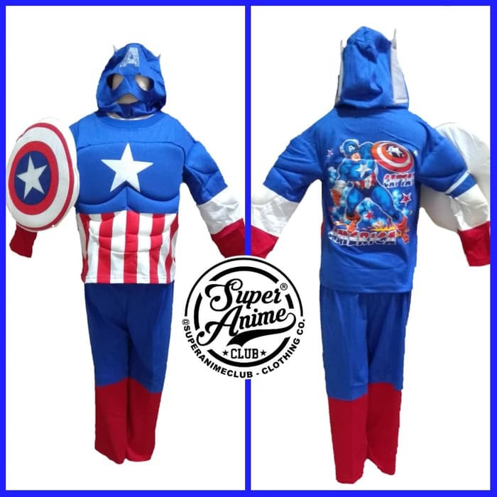 Kostum Busa Anak Captain America Otot Baju Superhero Setelan Karakter Laki Avengers Ultah