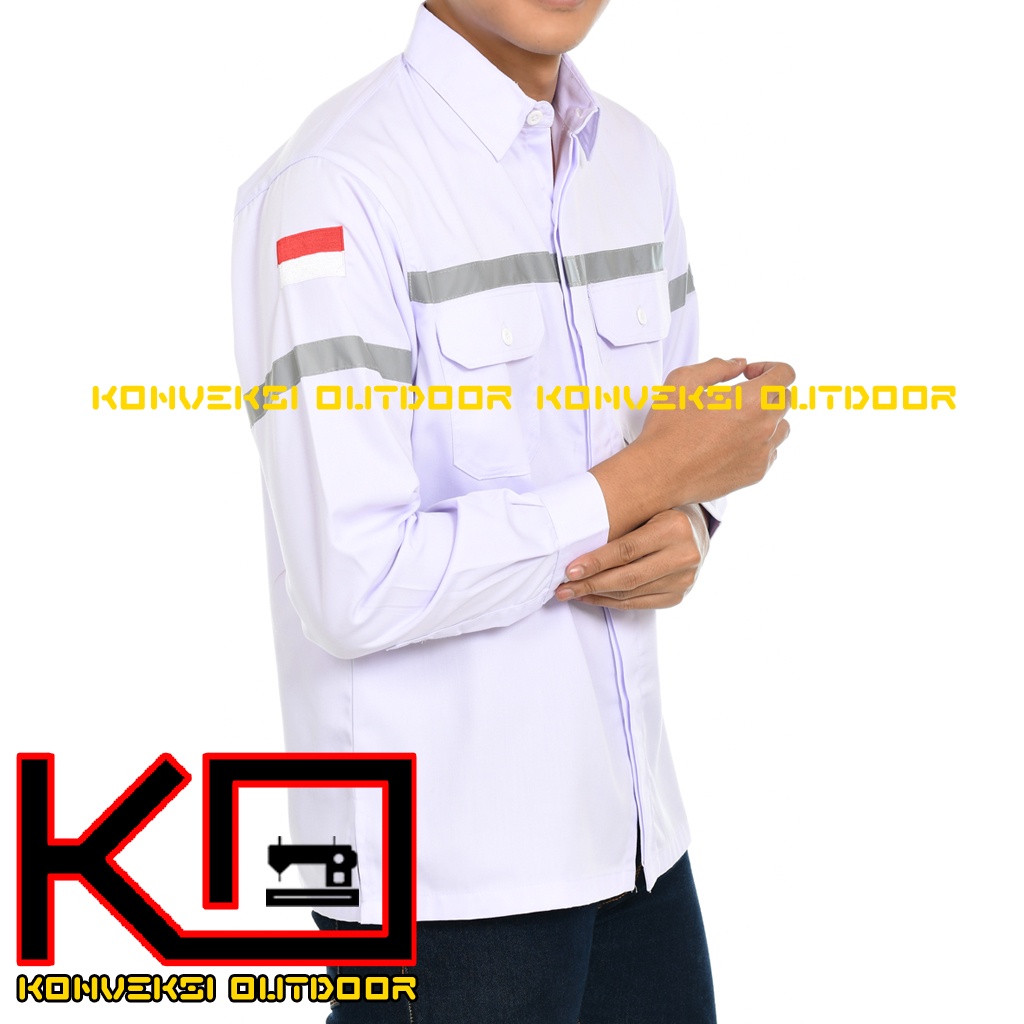 Kemeja Safety Pria Lengan Panjang - Baju Kemeja Kerja Proyek Wearpack Safety K3 Lapangan Outdoor Scotlite Indonesia Tebal Tambang Listrik Mekanik Teknisi Mesin Bangunan Werpack Driver Operator PLN Intalasi Listrik Enginer Teknik Sipil Kilang Warna Putih
