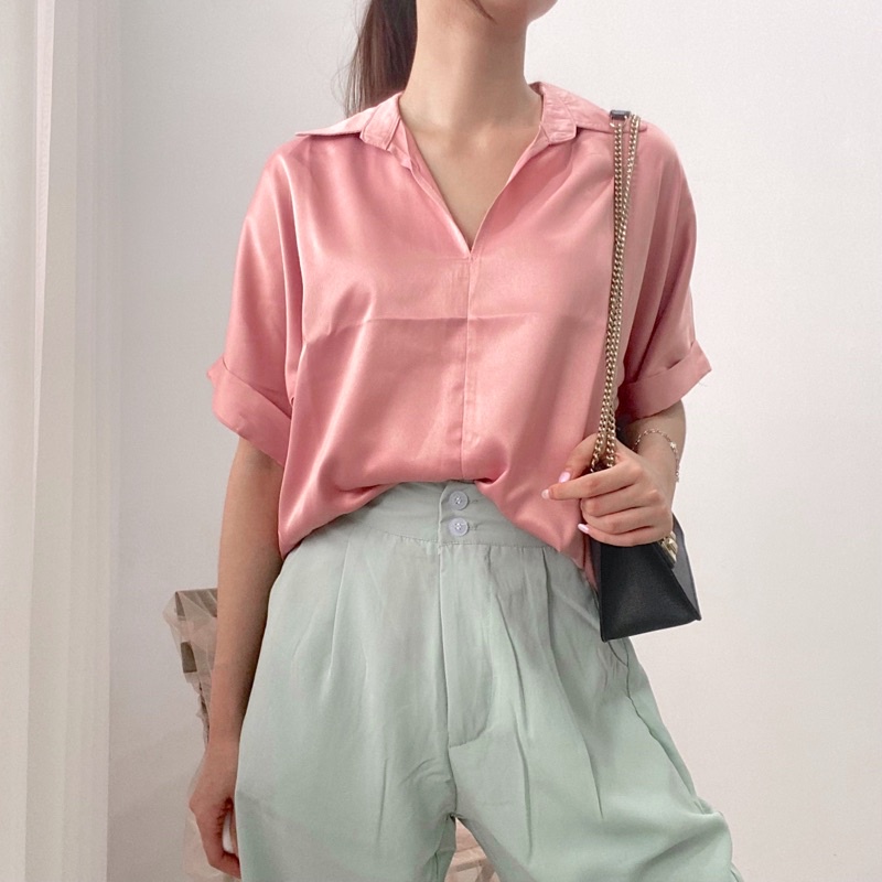 RANIA V-Neck Blouse Satin / Baju Wanita Casual / Kemeja Lengan Pendek Berkerah / Atasan Wanita Kerja 0360