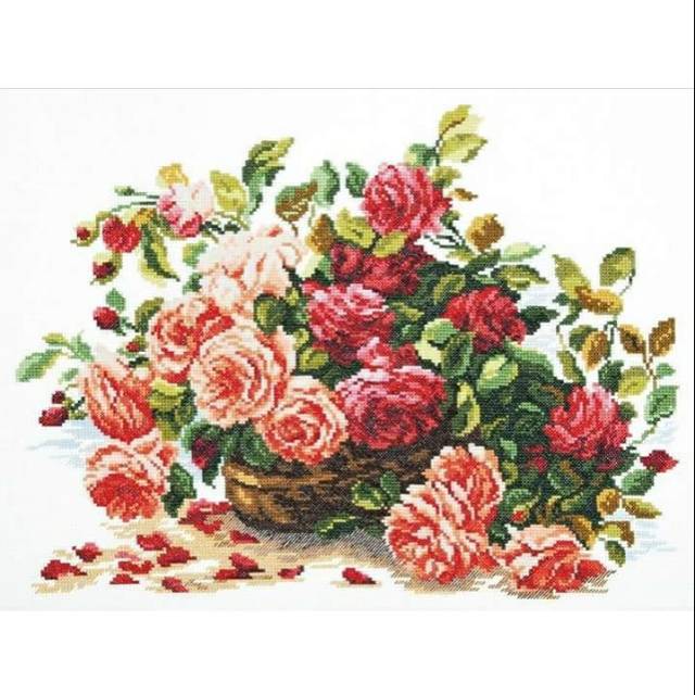 DIY Paket kristik bunga mawar merah basket of Roses flower cross stitch 14ct embroidery kerajinan ta