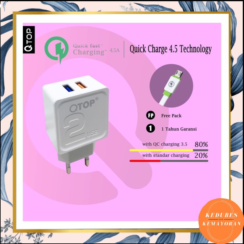 QTOP Adaptor Charger 2 USB Qualcomm 3.0 with Cable Fast charge [GARANSI 1TAHUN]